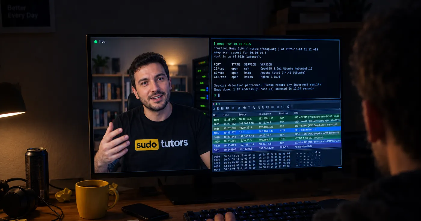 A student at a desk: the teacher on video on the left, a terminal and network capture on the right
